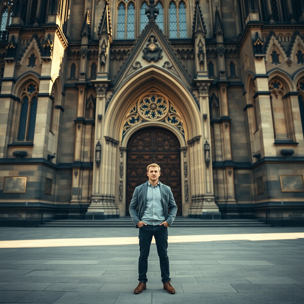 A striking scene depicting a blonde man waiting outside a grand cathedral, positioned in front of a large ornate door