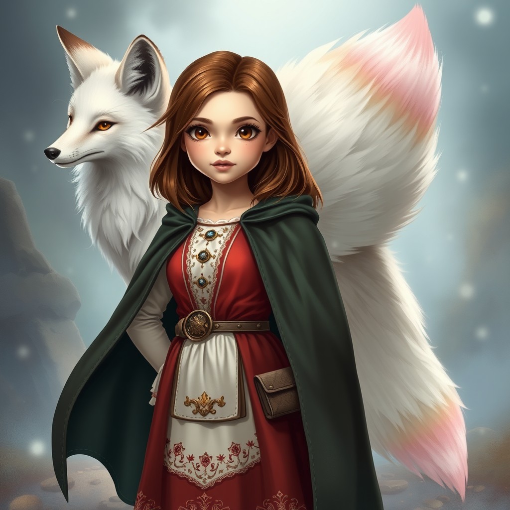 In a captivating fantasy style, a young girl stands confidently with her charming brown shoulder-length hair and expressive brown eyes