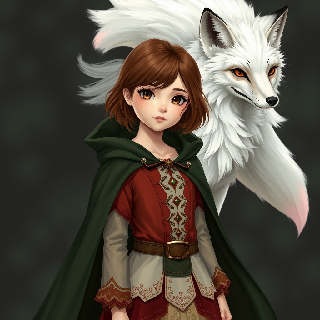 In a spellbinding style, a youthful girl with enchanting brown shoulder-length hair and expressive brown eyes stands boldly
