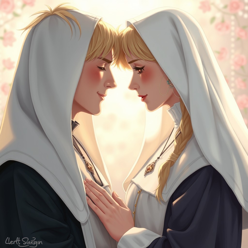 A romantic scene featuring a blonde man and a blonde woman dressed in traditional nun's habits, leaning towards each other with love-filled eyes