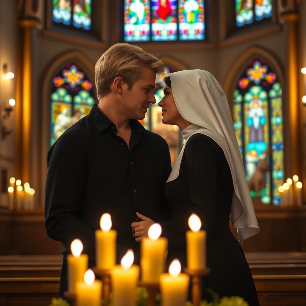 A romantic scene set in a Catholic church, featuring a blonde man wearing a black shirt and a blonde woman dressed in a traditional nun's habit
