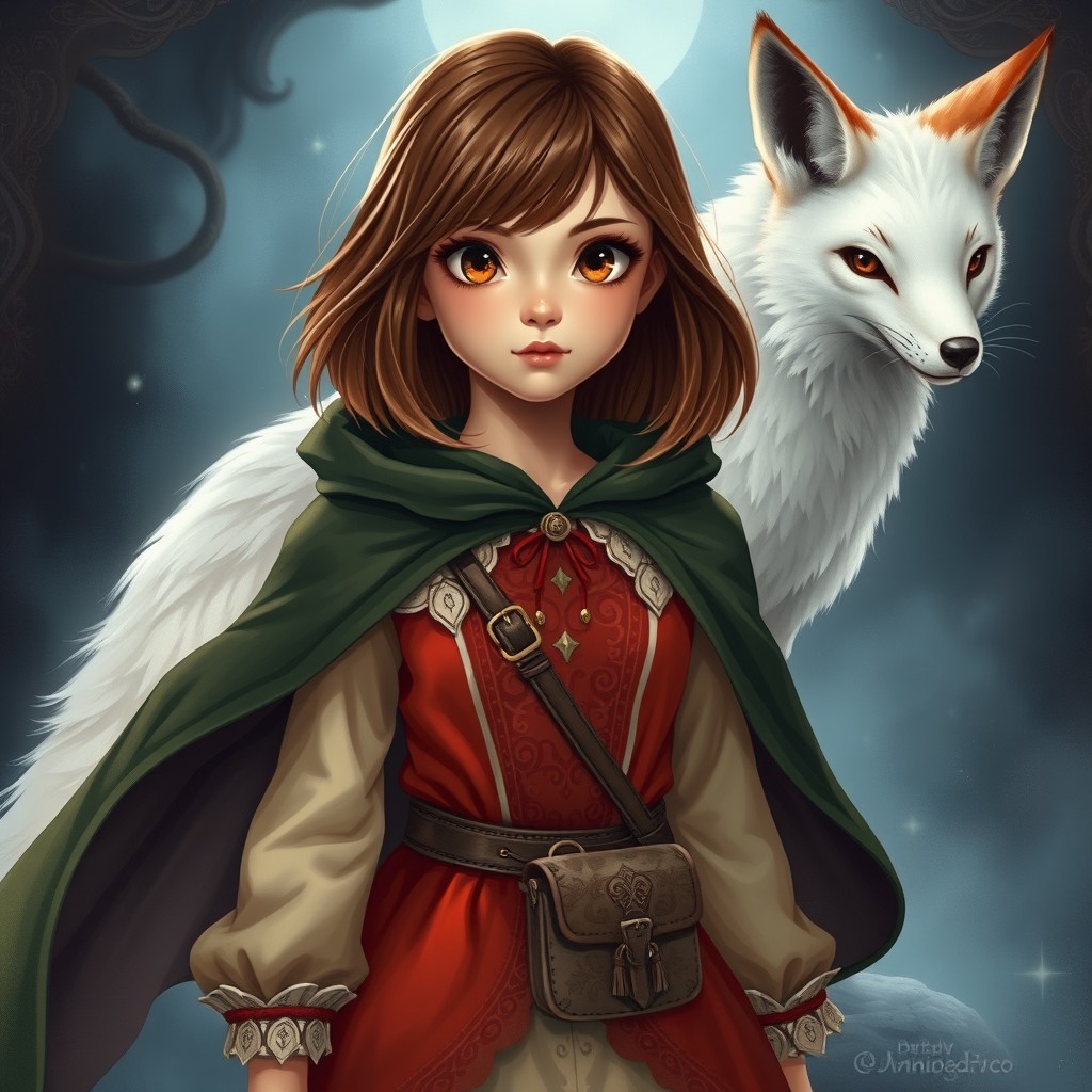 In a spellbinding style, a young girl with alluring brown shoulder-length hair and sparkling brown eyes is featured