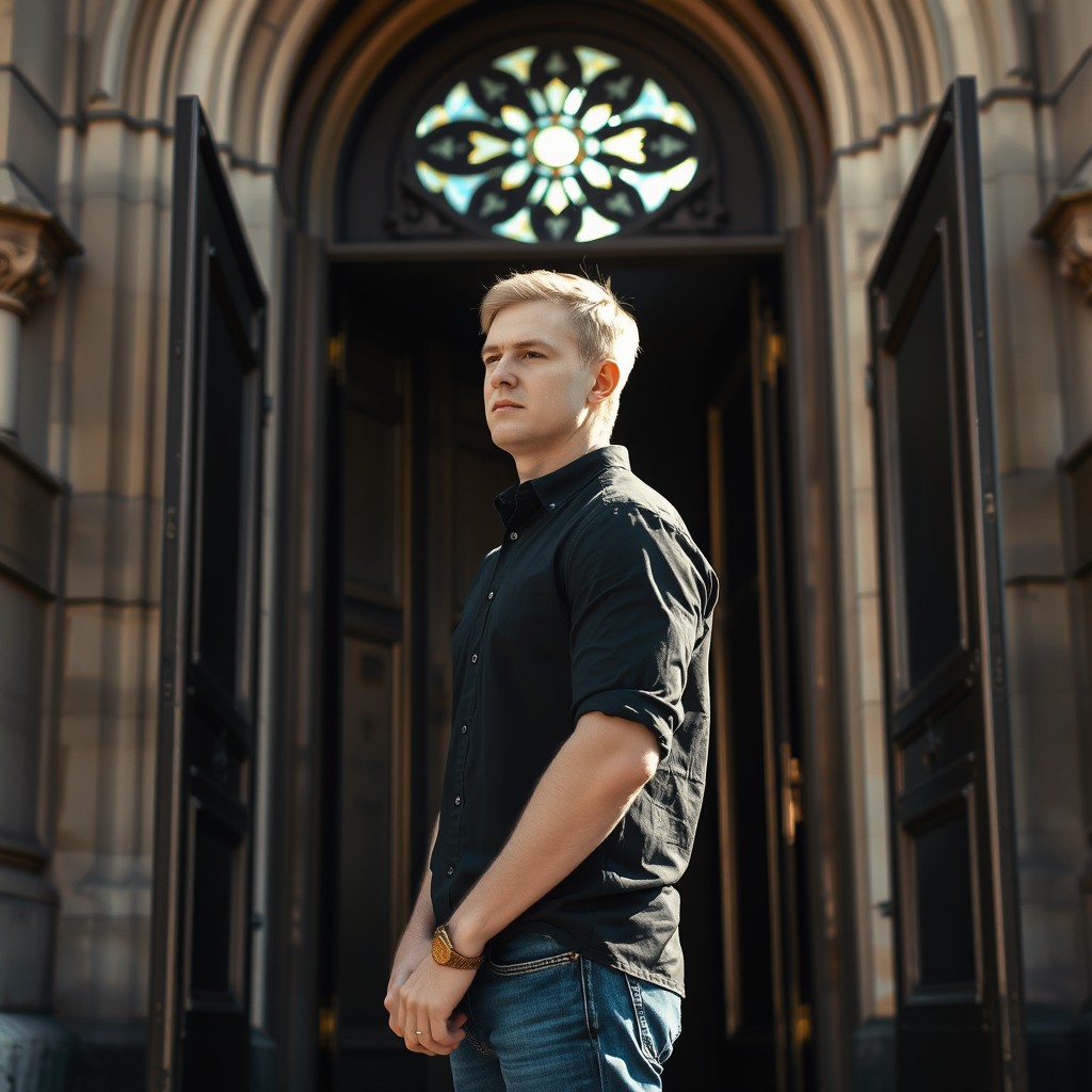 A blonde man wearing a black shirt stands patiently at the entrance of a Catholic church