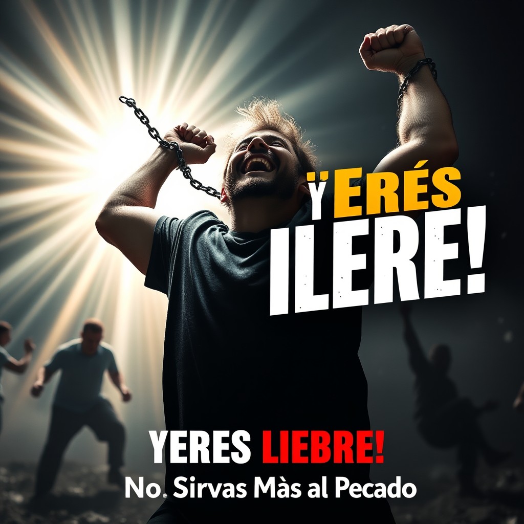 A powerful scene depicting a person breaking chains with strength and determination, their face expressing absolute freedom and joy