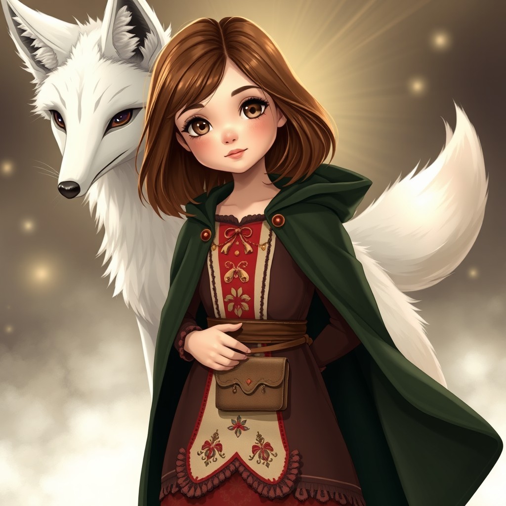 In a spellbinding style, a delightful young girl with soft brown shoulder-length hair and sparkling brown eyes stands confidently