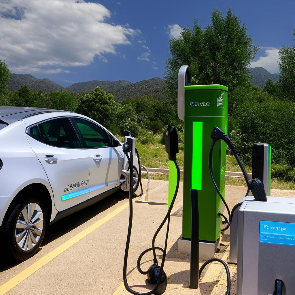 An electric vehicle charging at a charging station.