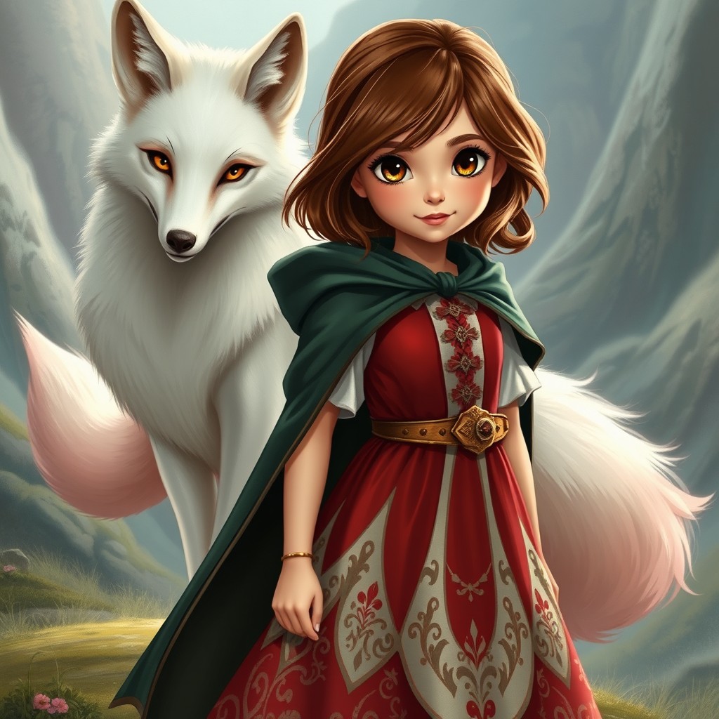 In a spellbinding style, a young girl with beautiful brown shoulder-length hair and enchanting brown eyes stands playfully