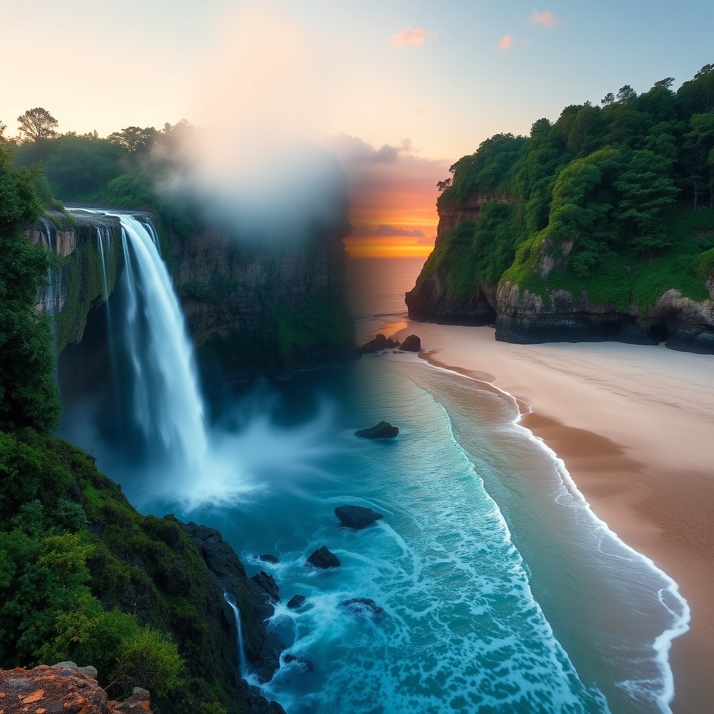 A captivating scene that combines two distinct images: on one side, a majestic waterfall cascading down rocky cliffs surrounded by vibrant green foliage and mist, and on the other side, a serene sunset over a calm ocean with soft waves gently lapping at the shore, painted in hues of orange, pink, and purple