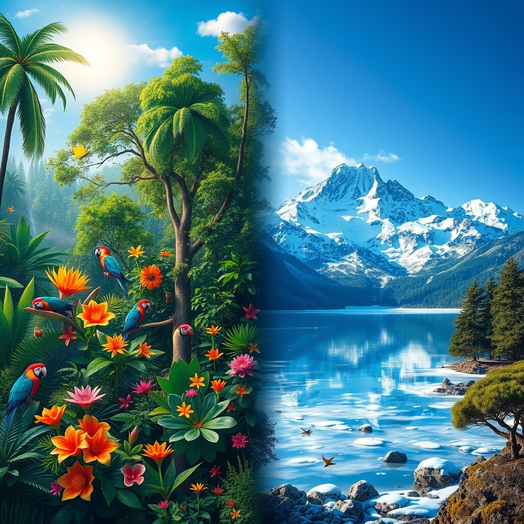 A surreal artwork combining two distinct landscapes: on the left, a vibrant jungle scene with towering trees, exotic flowers, and lush greenery, populated by colorful birds and exotic wildlife