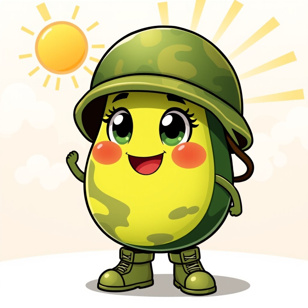 A cute avocado character dressed in military attire, featuring a little green helmet, camouflage patterns on the uniform, and tiny combat boots