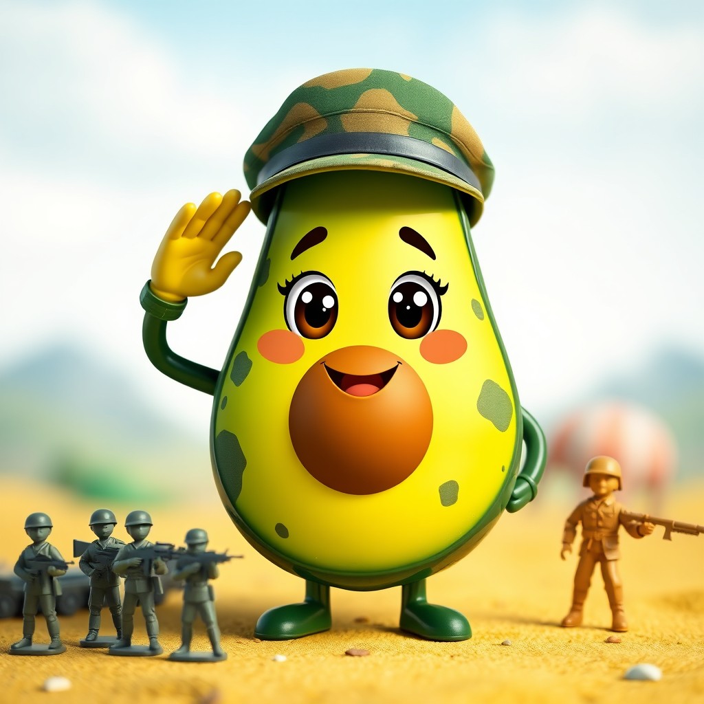 A cute avocado character dressed in military attire, featuring tiny camouflage patterns and a stylish cap, with a cheerful expression, standing proud and saluting