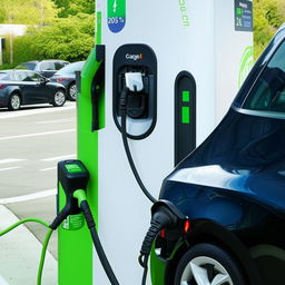 An electric vehicle charging at a charging station.