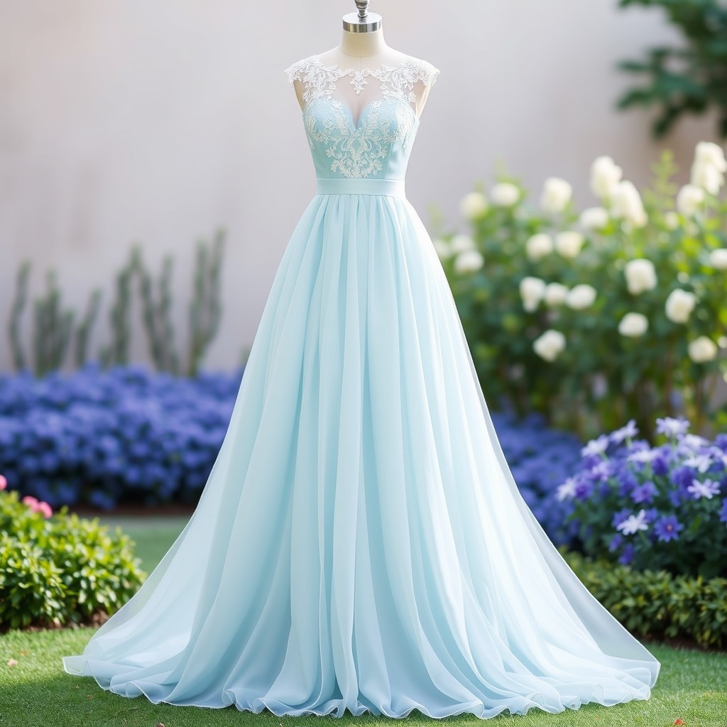 A stunning evening dress designed in a soft baby blue fabric with elegant white accents
