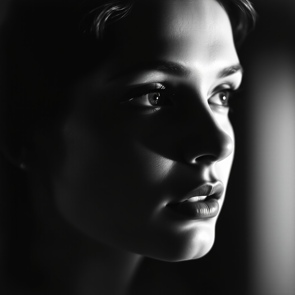 A stunning 1920s Hollywood glamour portrait captured in a 3/4 view angle, showcasing intense chiaroscuro lighting that creates striking highlights on one side of the face and deep shadows on the other