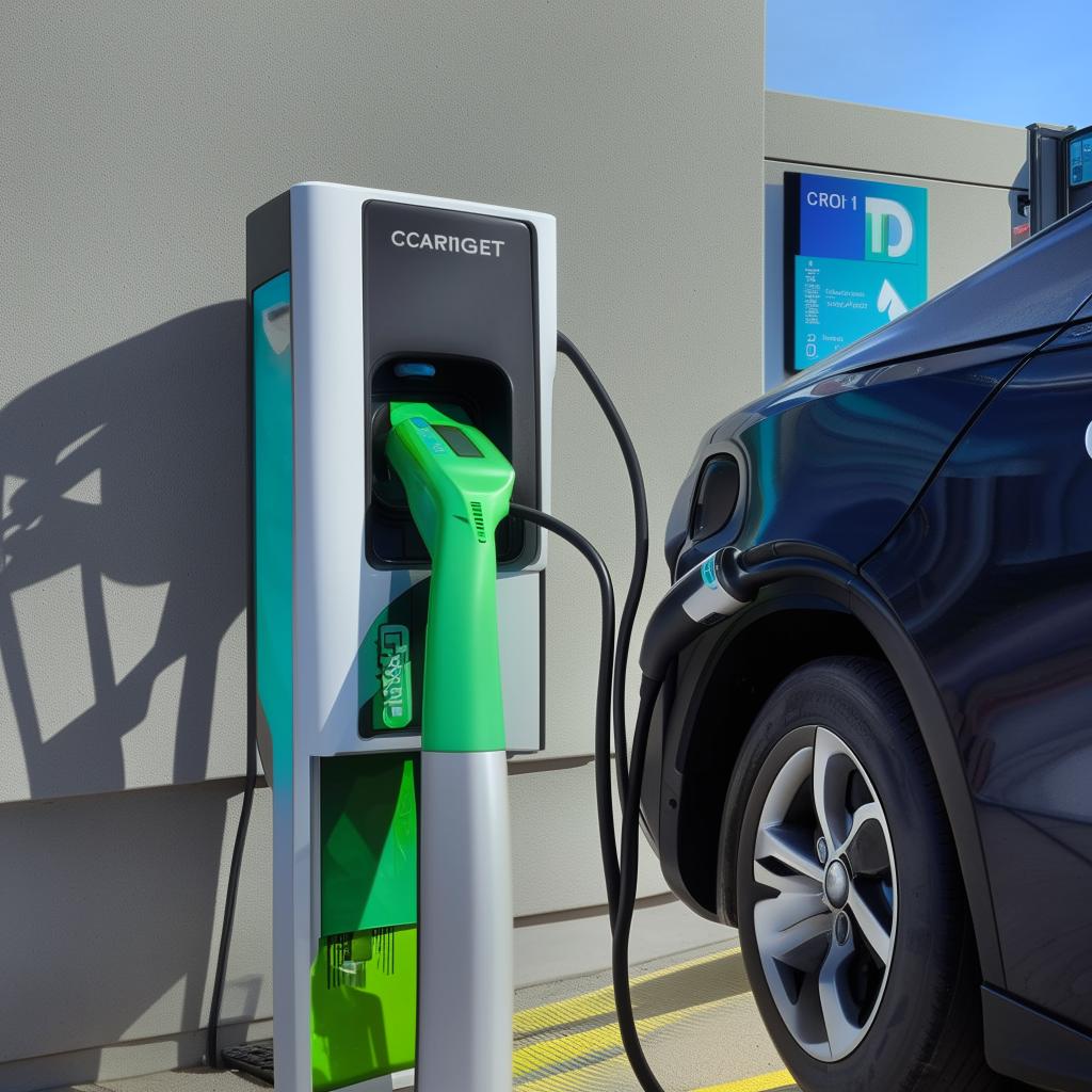 An electric vehicle charging at a charging station.