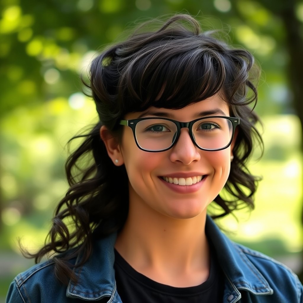 A realistic portrait of a person with dark, wavy hair, wearing stylish glasses and a casual outfit with a denim jacket