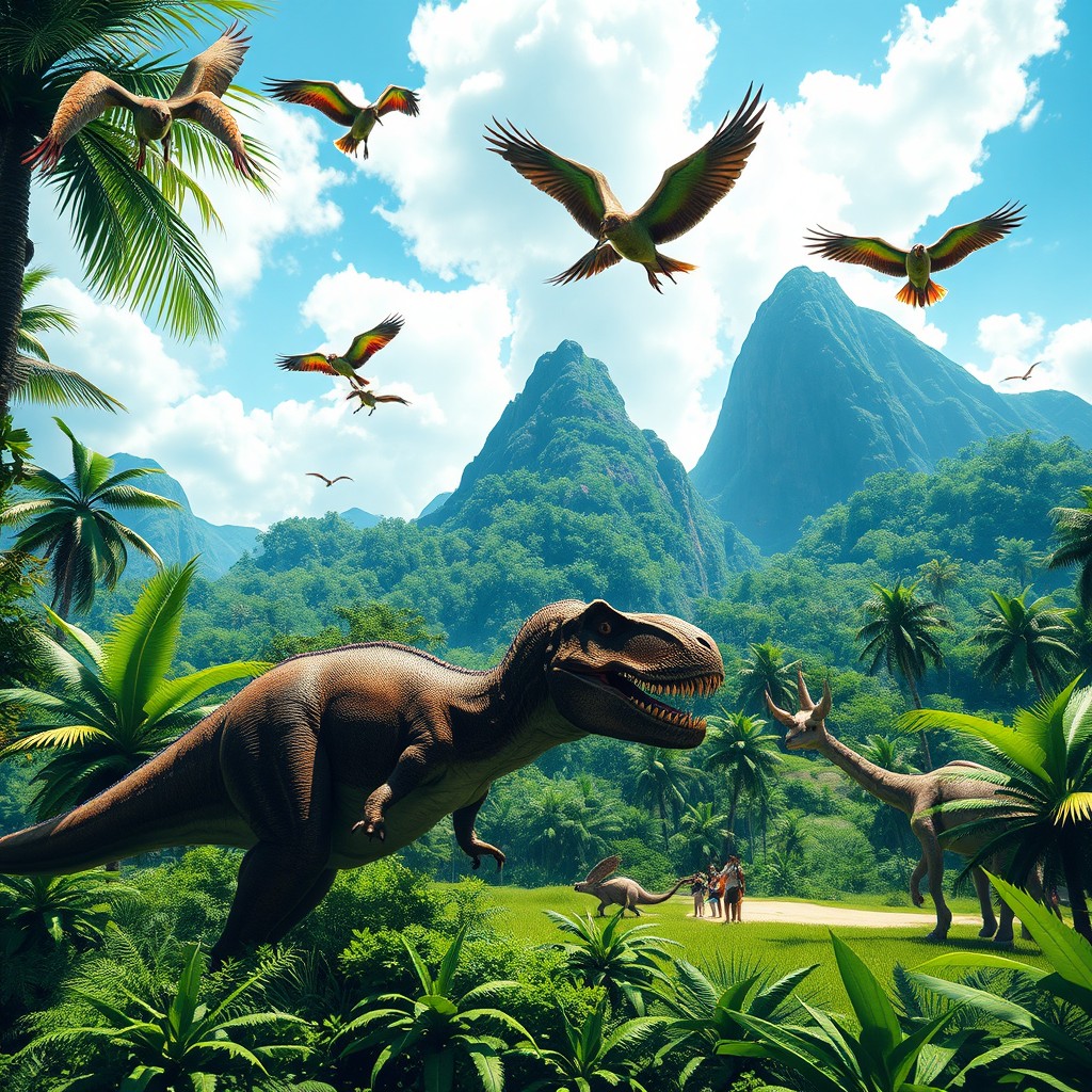 A stunning and vibrant scene from ARK: Survival Evolved, featuring a lush, green island landscape filled with prehistoric creatures
