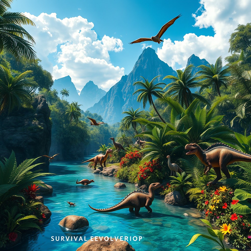 A vibrant and immersive prehistoric scene inspired by Ark: Survival Evolved, showcasing a lush, tropical landscape filled with various dinosaurs