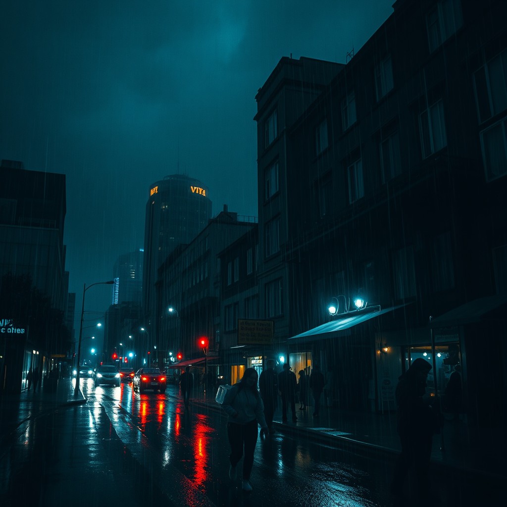 A night cityscape exhibiting a dramatic atmosphere caused by power outages