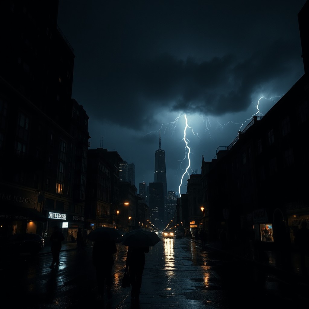 A night scene in a city experiencing power outages, with darkened buildings silhouetted against a stormy sky