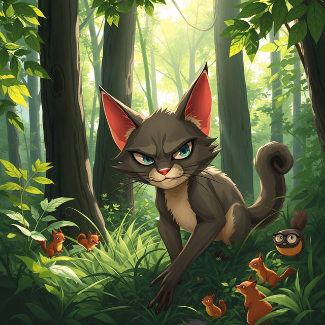 A mischievous cat with a sly expression lurking in a dense forest, surrounded by tall trees and vibrant green foliage