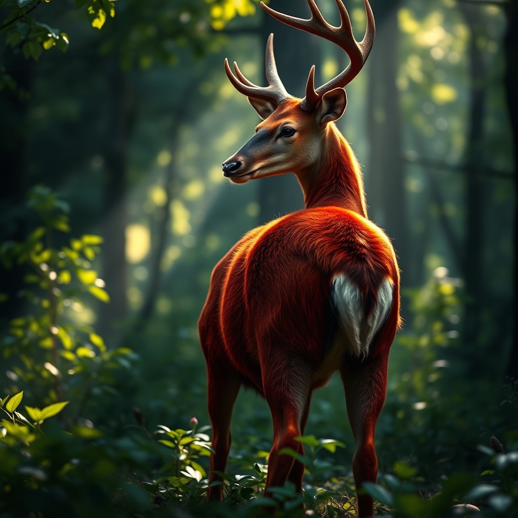 A striking image of a crimson deer standing majestically in a dense forest, its fur a vibrant shade of red that glimmers under soft sunlight filtering through the trees