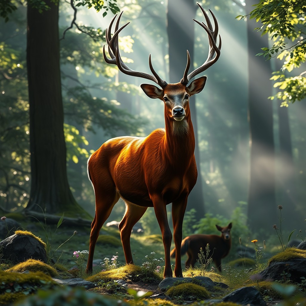 A majestic crimson deer standing regal in a lush forest, with a striking scar running along its flank