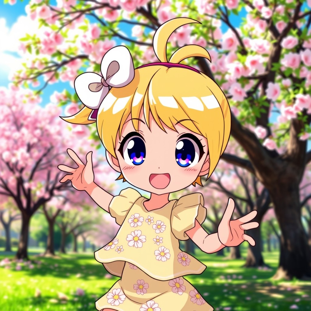 A vibrant and colorful anime character featuring a blonde hairstyle, large expressive eyes, wearing a cute outfit adorned with flower patterns, set against a bright and cheerful background of a sunny park filled with cherry blossom trees