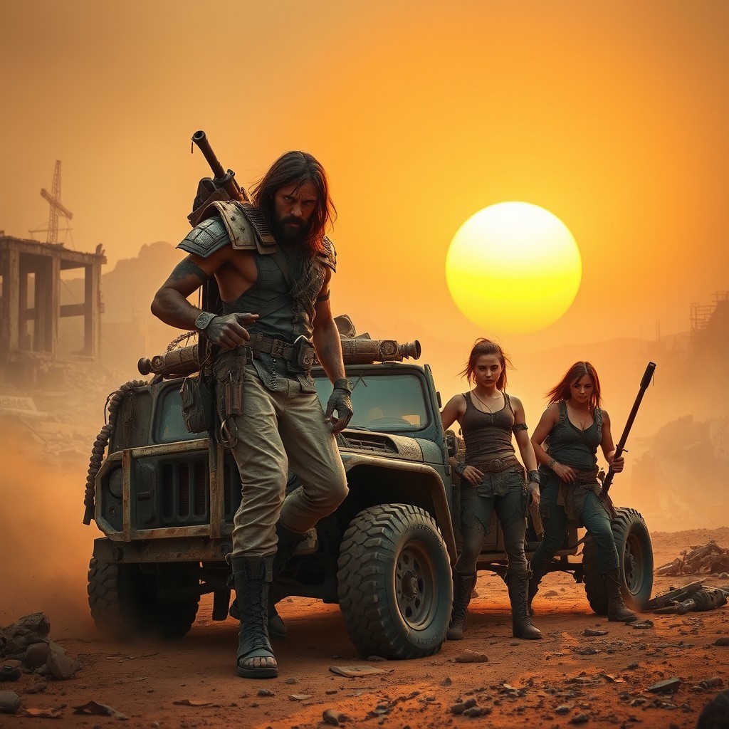 A post-apocalyptic wasteland themed scene featuring rugged vehicles and desolate landscapes