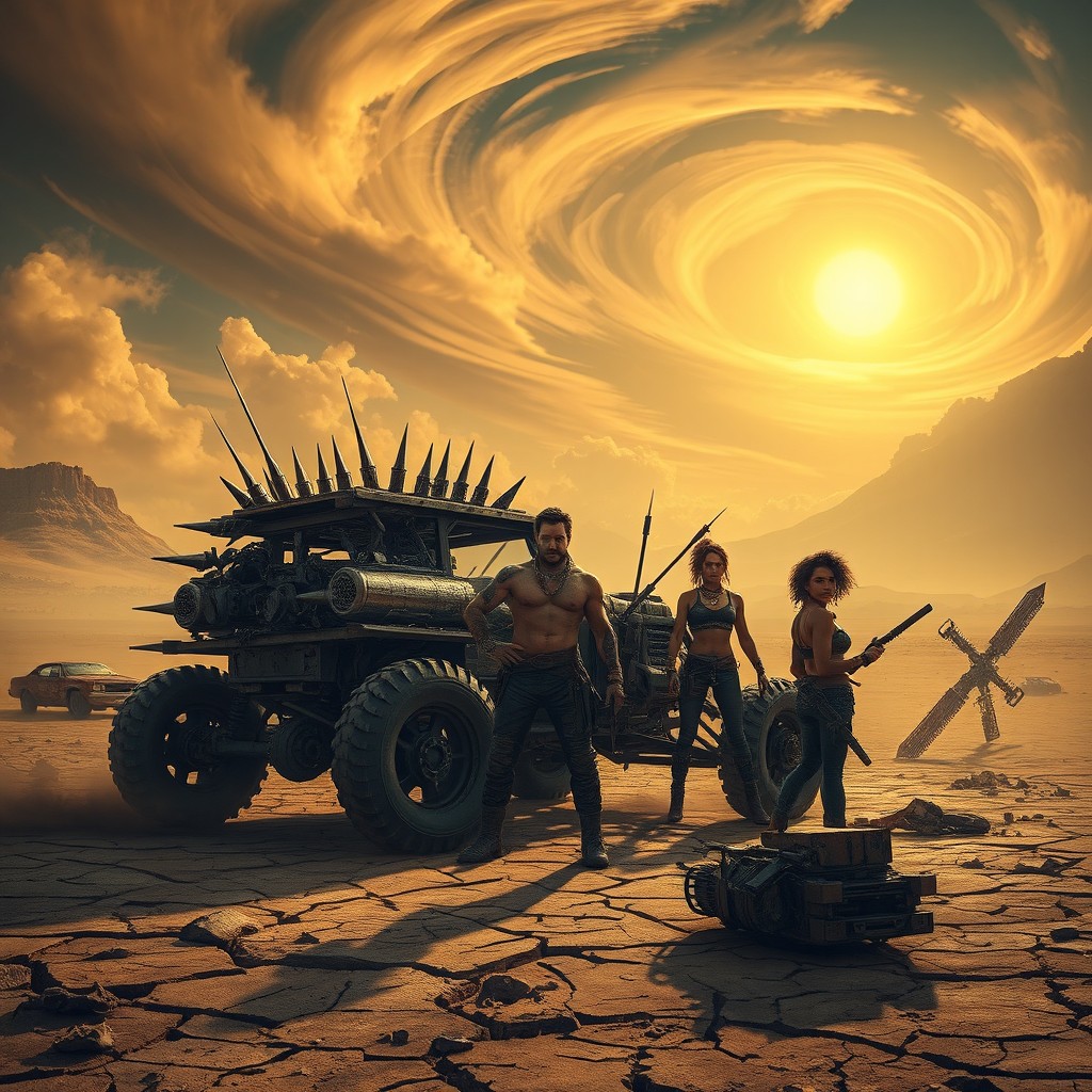 A high-octane Mad Max-inspired landscape featuring a vast and desolate wasteland