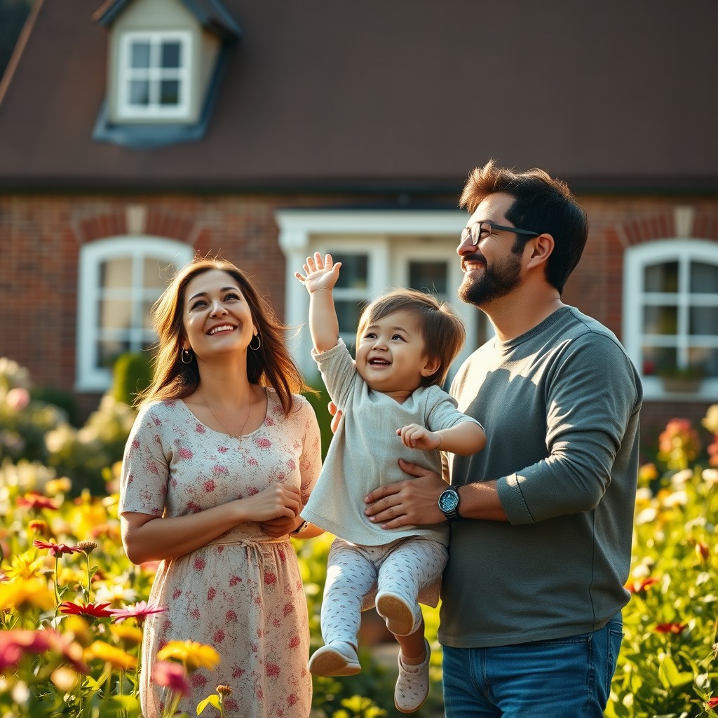 An ultra-realistic scene capturing an emotional family standing in a lush green garden in front of a cozy countryside house
