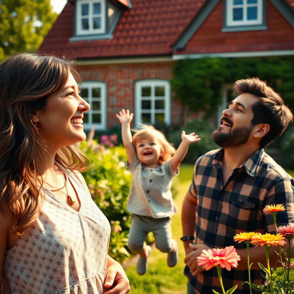 An ultra-realistic scene depicting an emotional family in a lush green garden in front of a cozy countryside house