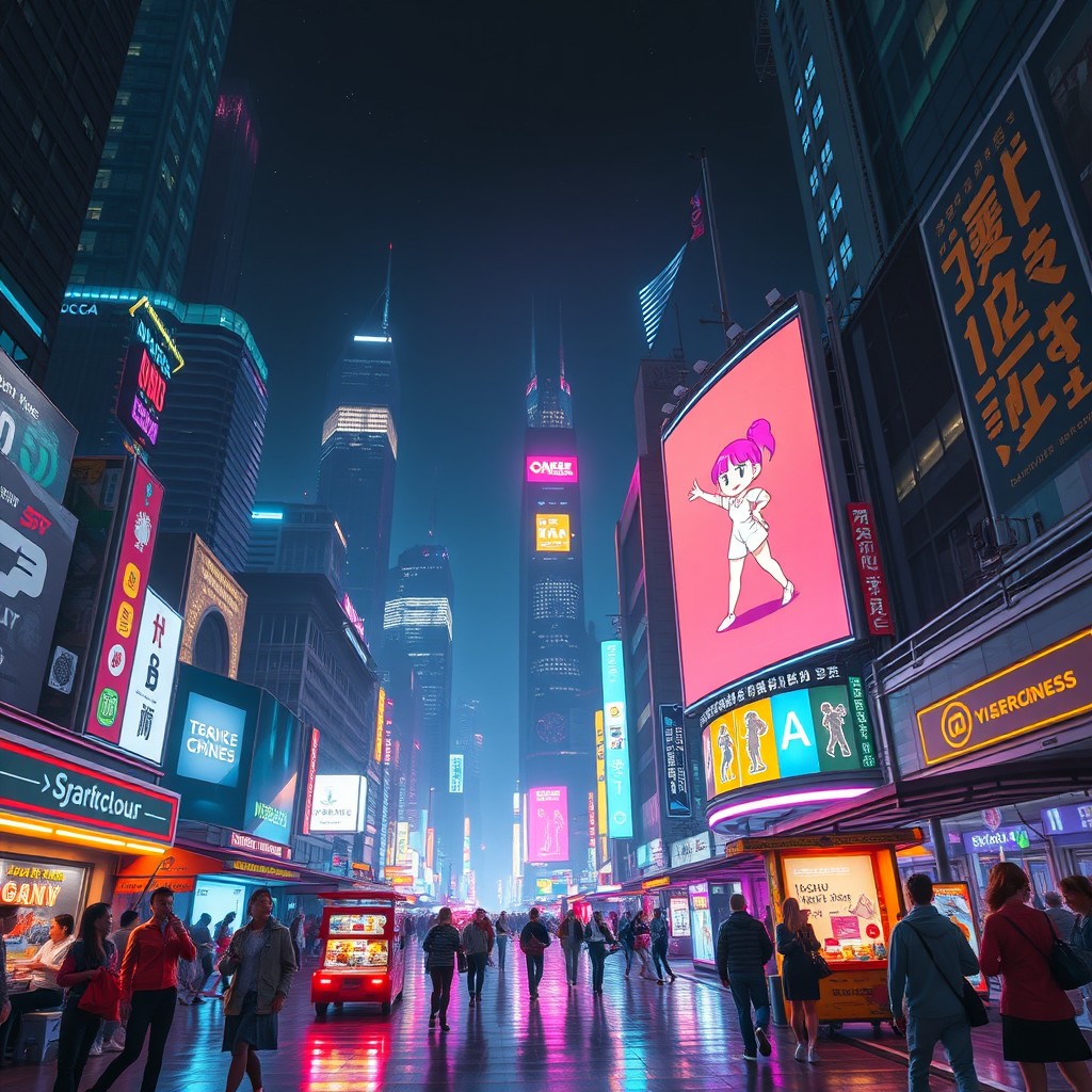 A futuristic urban landscape at night, filled with vibrant neon lights and towering skyscrapers