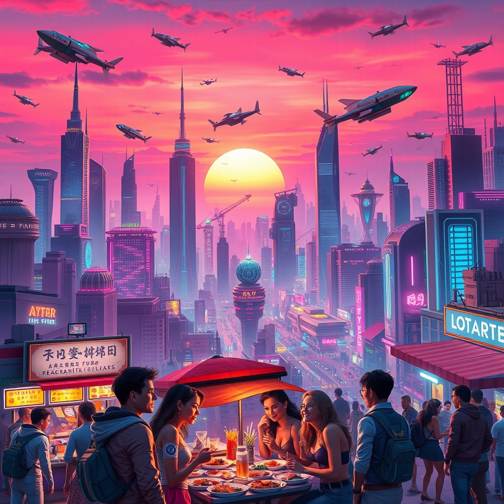 A vibrant, imaginative scene depicting a futuristic cityscape filled with towering skyscrapers, flying vehicles, and colorful neon lights