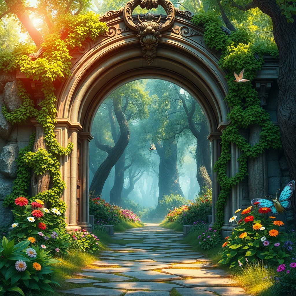 A stunning, vibrant depiction of a fantasy opening scene featuring a massive, ancient stone archway decorated with intricate carvings and lush green vines