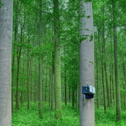 A forest being monitored by smart surveillance cameras.