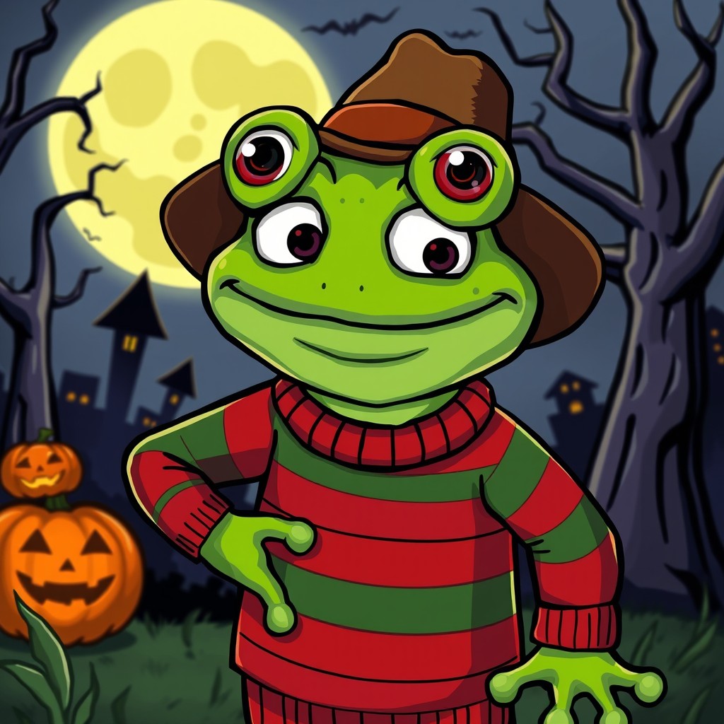 A whimsical and playful scene featuring a cartoon frog dressed as Freddy Krueger