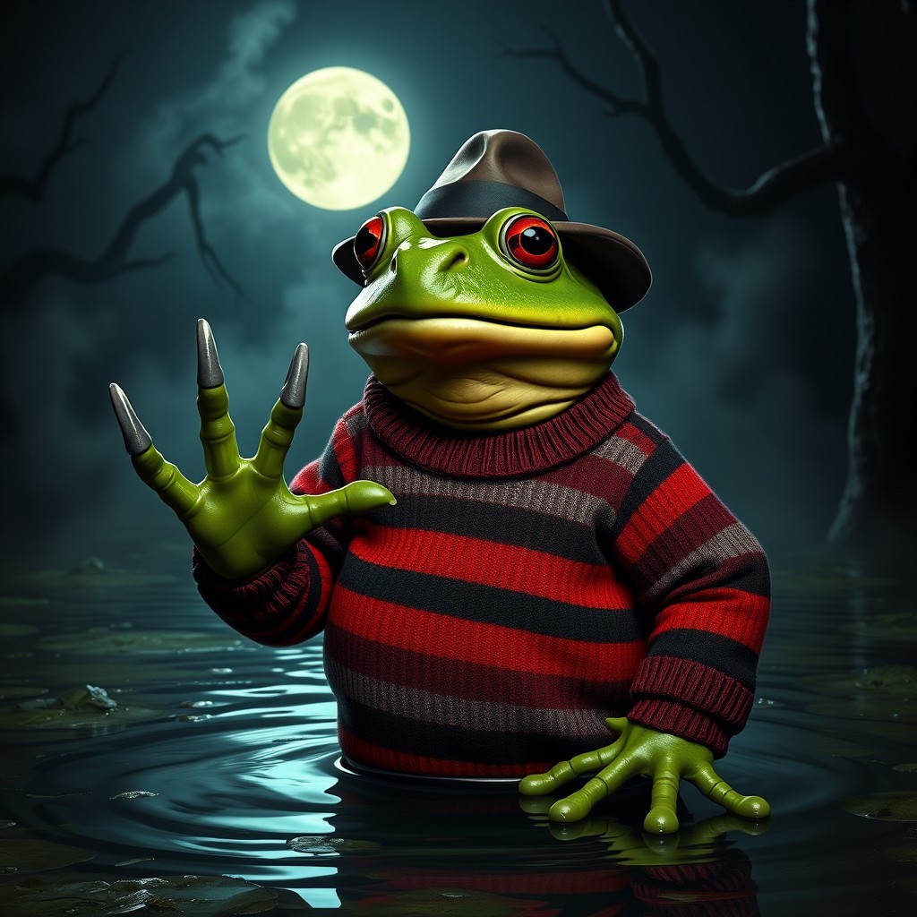 A frog dressed as Freddy Krueger, featuring the iconic striped sweater, fedora hat, and clawed glove
