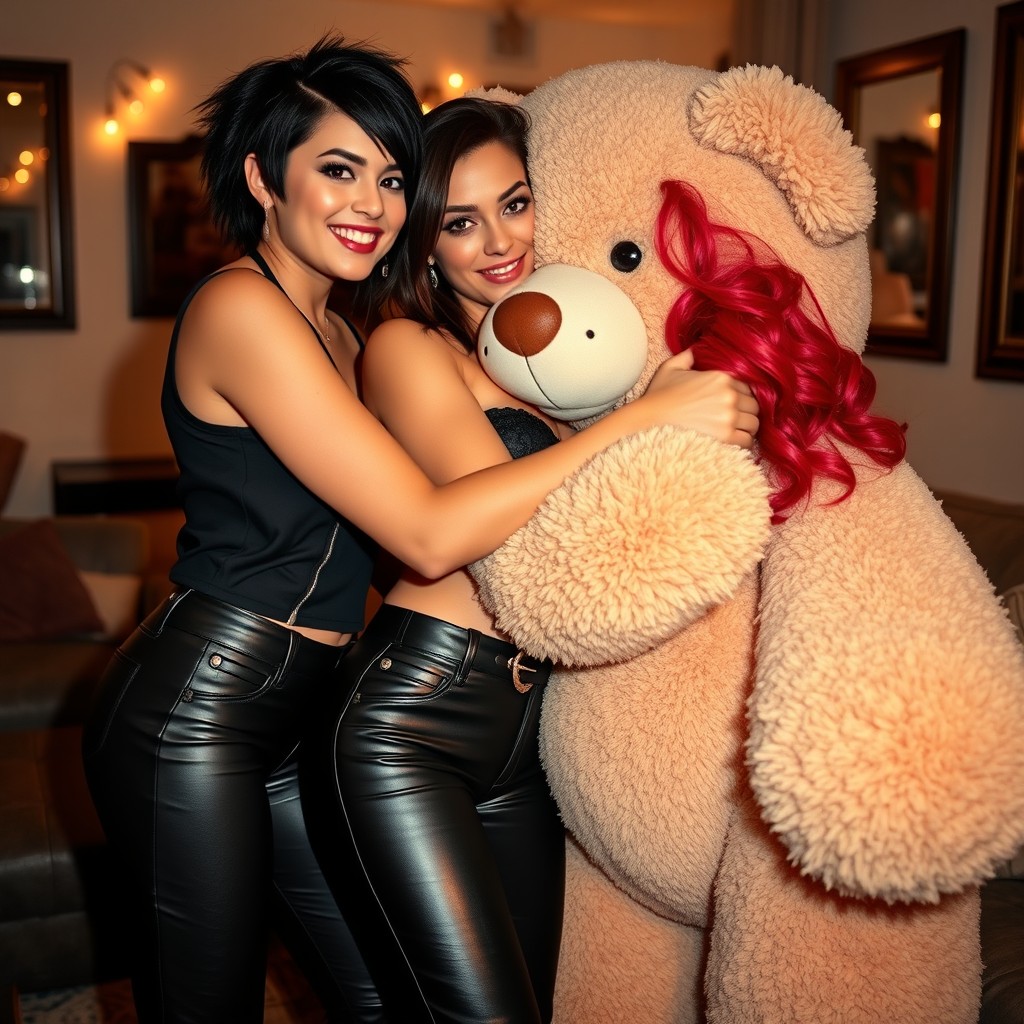 Two confident and stylish women, both dressed in tight leather pants, are playfully embracing a large, plush teddy bear