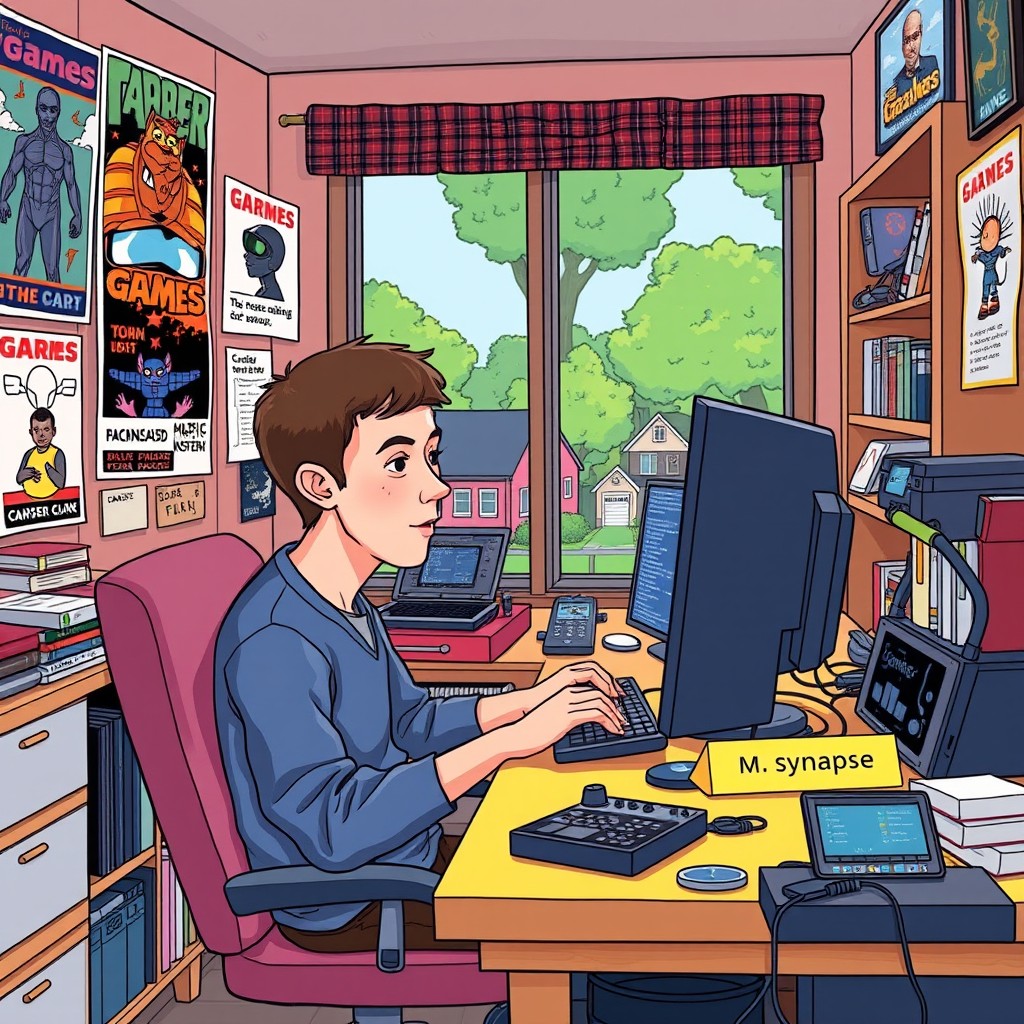 A vibrant and engaging illustration depicting a young Mark Zuckerberg in his teenage years, sitting at a computer in a cozy room filled with posters of technology and games