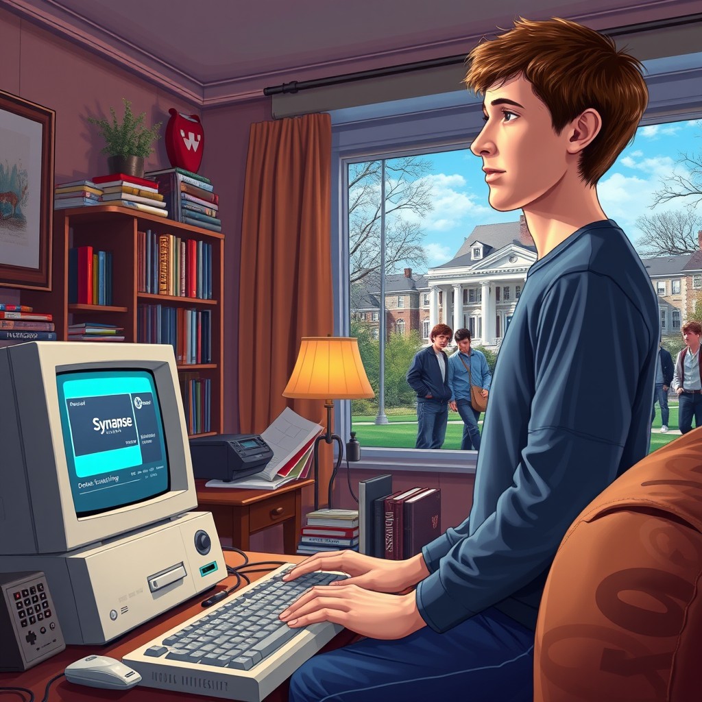 A rich and vibrant digital artwork illustrating the journey of a young Mark Zuckerberg