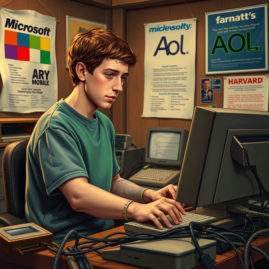 A detailed, artistic representation of a young Mark Zuckerberg in his early teenage years, highlighting his passion for programming and technology