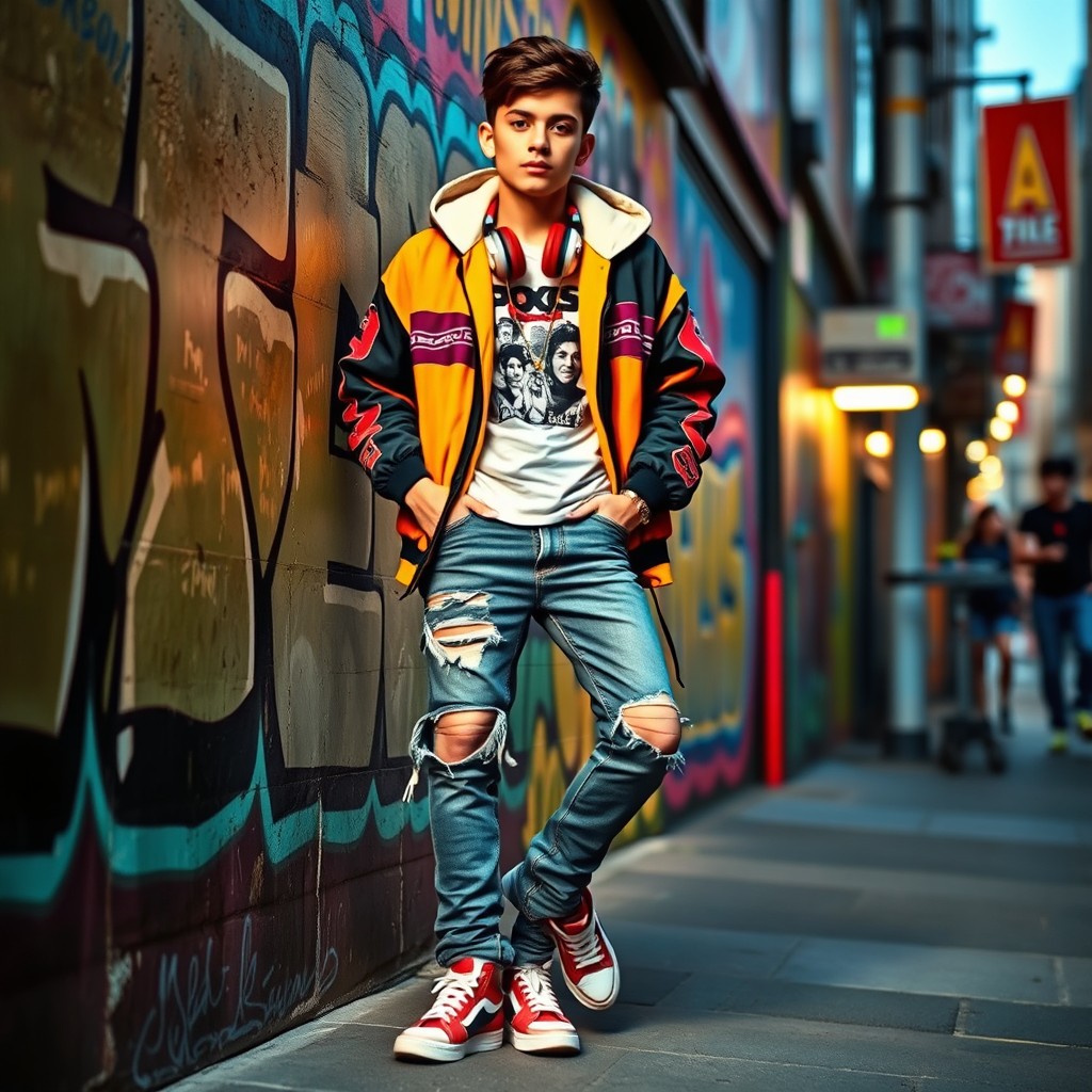 A vibrant and stylish scene showcasing a young adult with a hip urban fashion sense, featuring a mix of bold colors and patterns