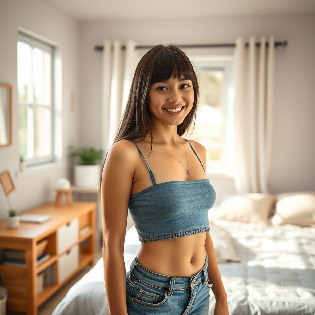 A stunning 20-year-old girl with fair skin and straight dark hair, standing in her bedroom, smiling naturally at the camera