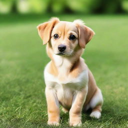 A cute dog with shiny fur, bright eyes, and a wagging tail, sitting on a green grass field.