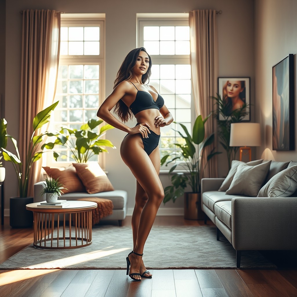 A stunning and confident woman standing in a beautifully decorated modern living room