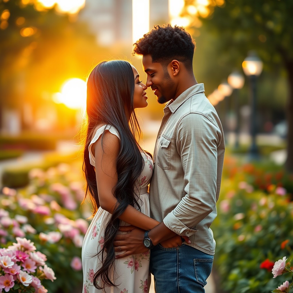 A romantic scene depicting an interracial couple, standing closely together in a vibrant city park during sunset