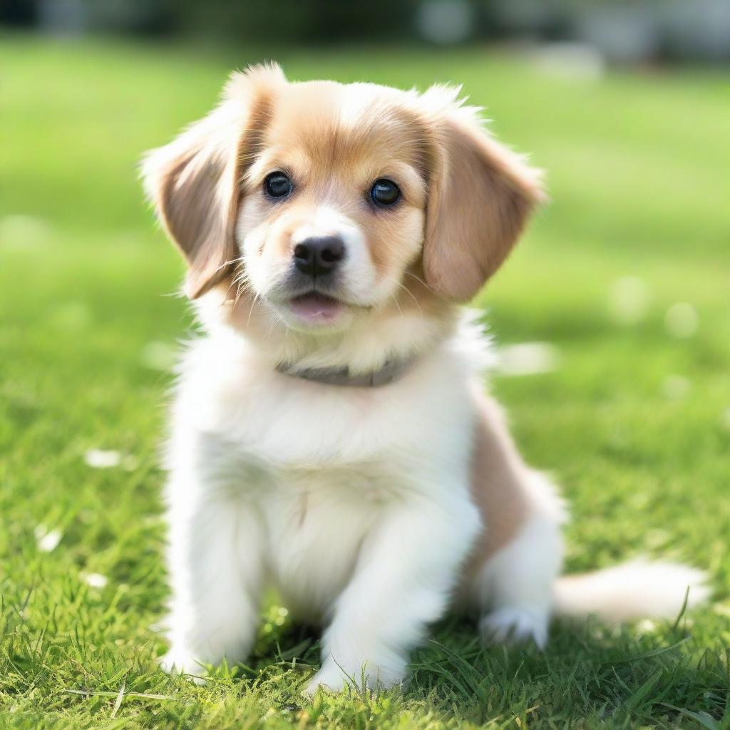 A cute dog with shiny fur, bright eyes, and a wagging tail, sitting on a green grass field.