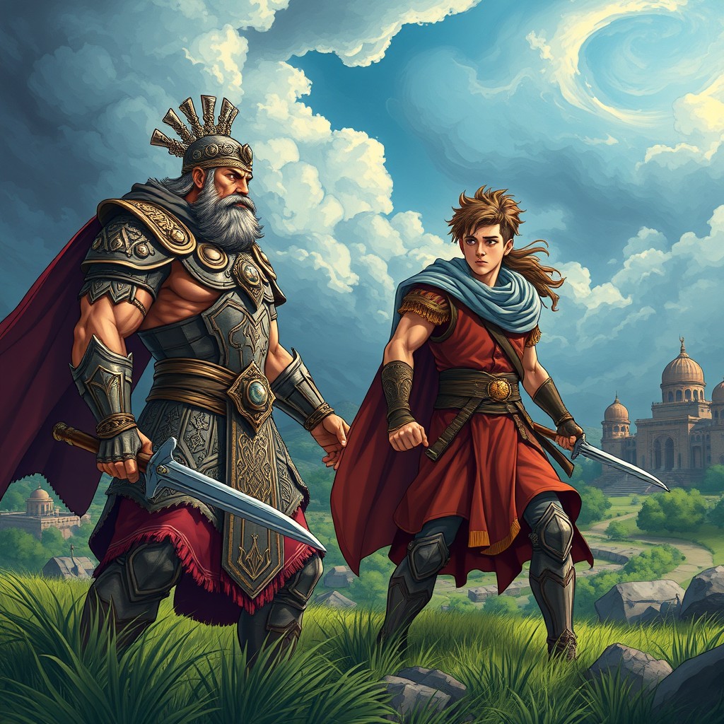 A vivid illustration depicting the legendary scene of Rostam and Sohrab from the Shahnameh, showcasing Rostam, a muscular and heroic Persian warrior with a majestic, intricately detailed armor, and Sohrab, a young and powerful warrior with striking features, standing in a dramatic battlefield setting