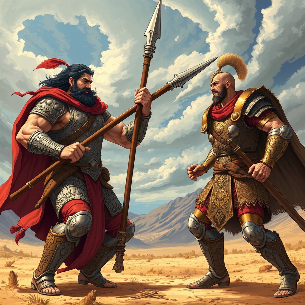 An epic illustration of Rostam and Sohrab from the Shahnameh, portraying a dramatic moment where father and son face each other in battle, without their knowledge of their kinship